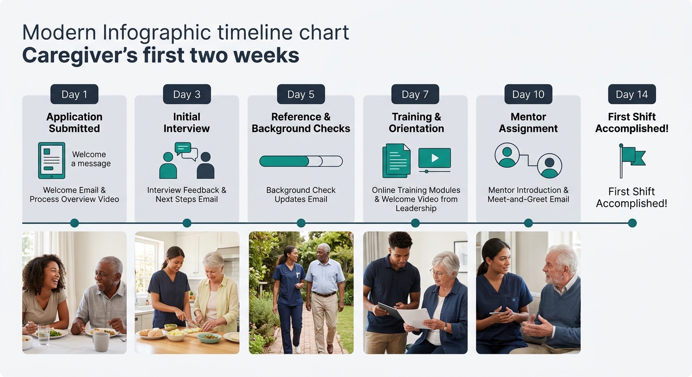 A timeline showing a caregiver's first two weeks from application to first shift, with content touchpoints marked at days 1, 3, 5, 7, and 10 showing emails, videos, and mentor introductions