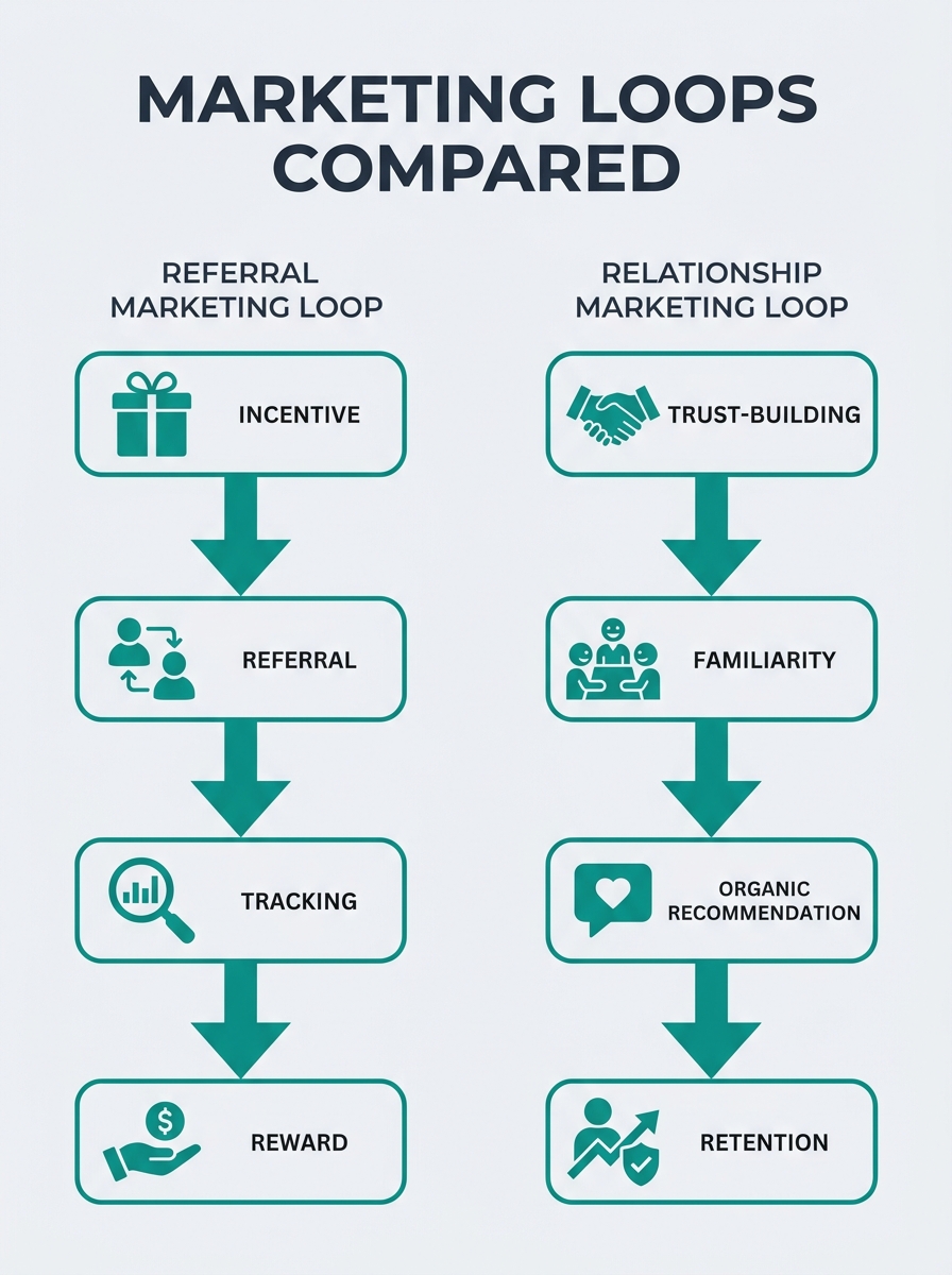 side-by-side comparison diagram showing the referral marketing loop (incentive → referral → tracking → reward) versus the relationship marketing loop (trust-building → familiarity → organic recommenda