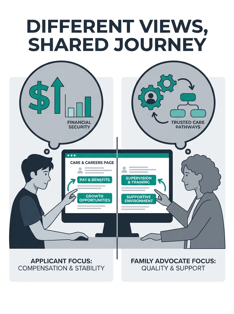 A split-screen illustration showing two people viewing the same careers page on a computer—one is a job applicant highlighting the pay rate and benefits, the other is an adult daughter highlighting ph