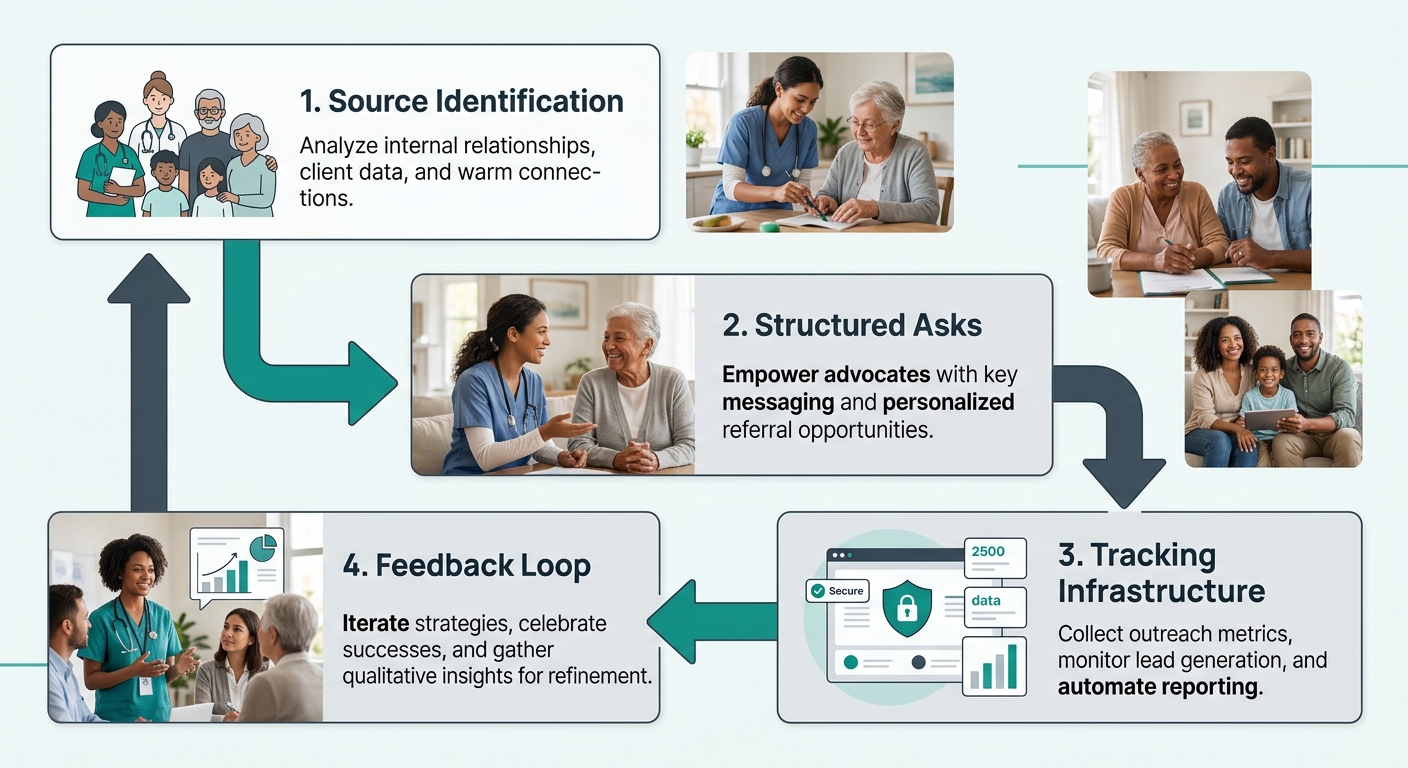 flowchart of a four-part referral marketing system showing source identification, structured asks, tracking infrastructure, and feedback loop with arrows connecting each stage in a cycle