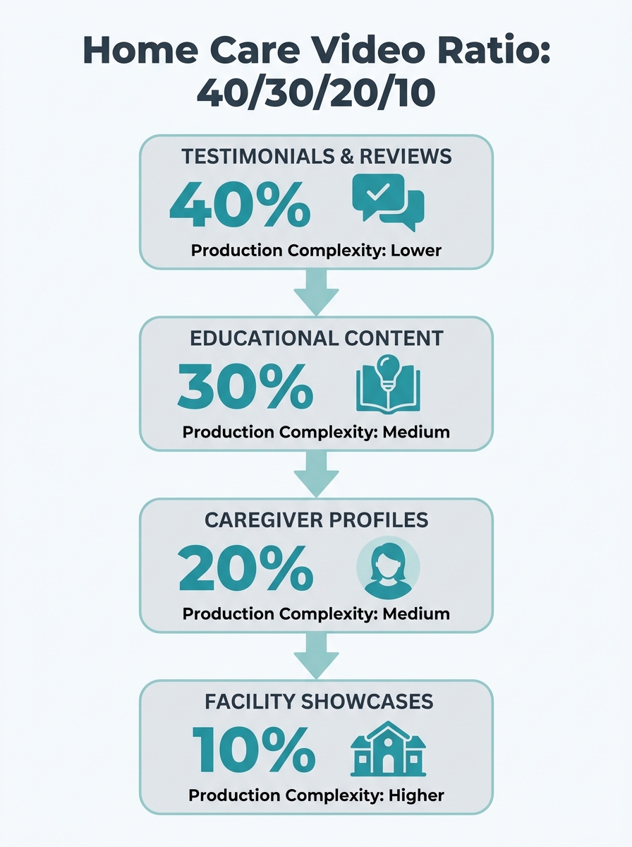 infographic showing the 40/30/20/10 video content ratio for home care agencies, with icons representing testimonials, educational content, caregiver profiles, and facility showcases, each labeled with