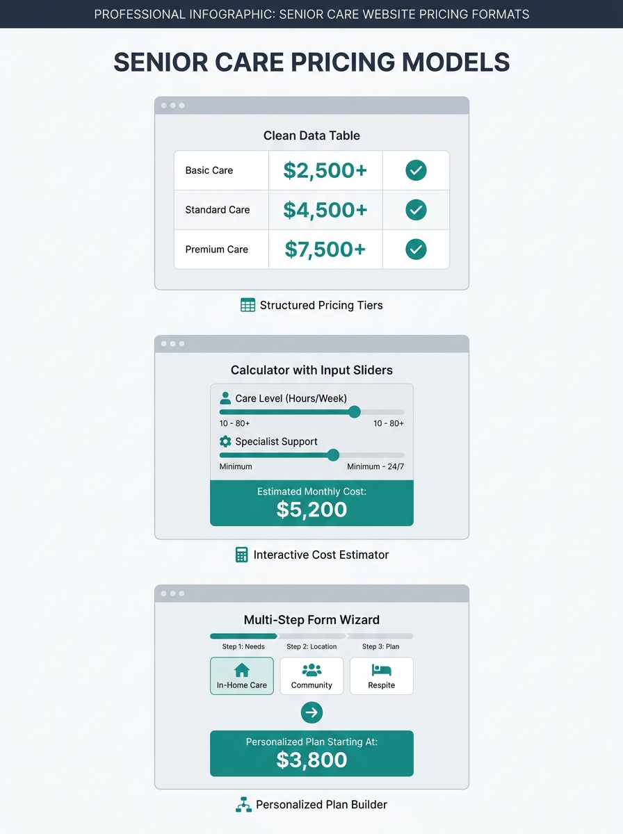 Three desktop browser mockups shown side by side displaying different pricing page formats for a senior care website - a clean data table on the left, a calculator with input sliders in the center, an