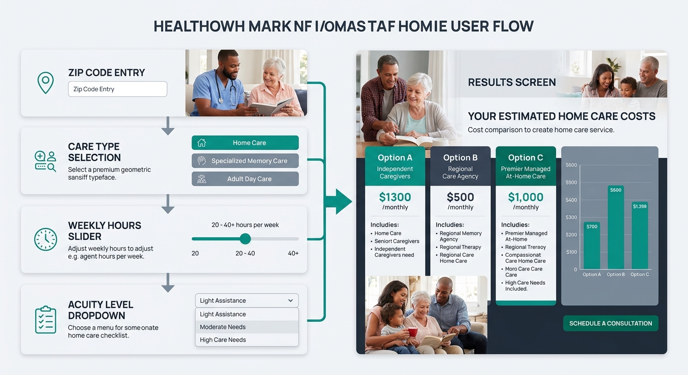 An infographic showing a cost calculator user flow with four input stages - zip code entry, care type selection, weekly hours slider, and acuity level dropdown - flowing into a results screen with thr