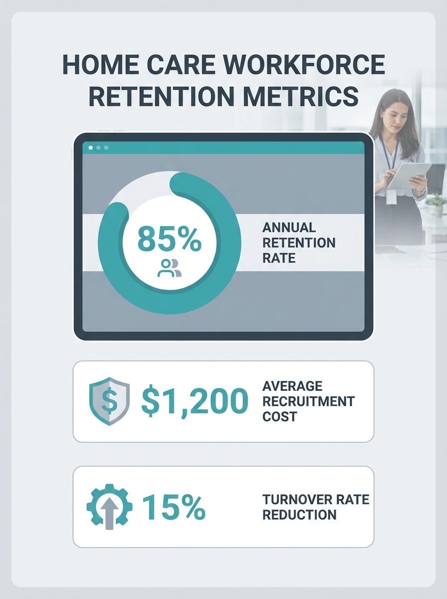 Home care agency administrator reviewing workforce retention metrics on digital dashboard showing turnover rates and recruitment costs