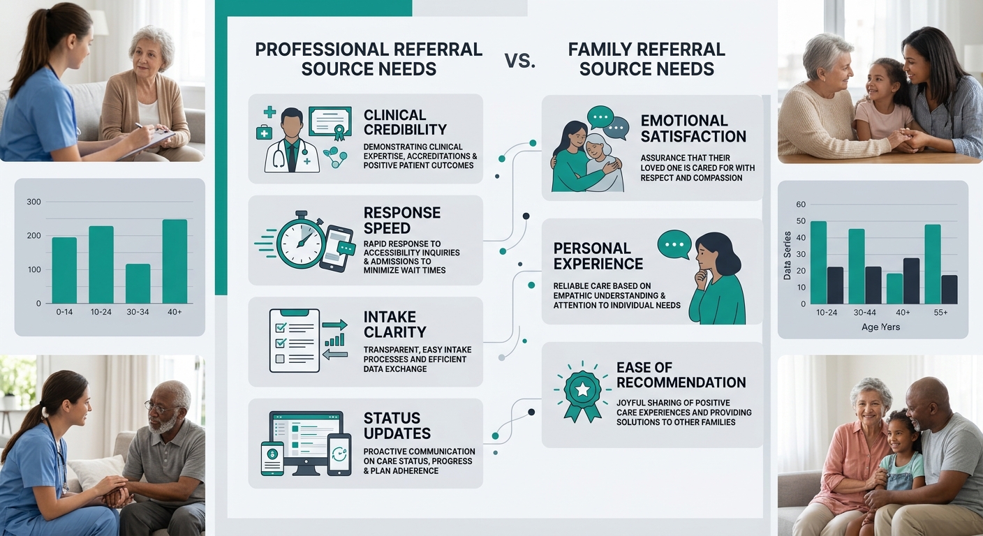 infographic comparing professional referral source needs (clinical credibility, response speed, intake clarity, status updates) versus family referral source needs (emotional satisfaction, personal ex