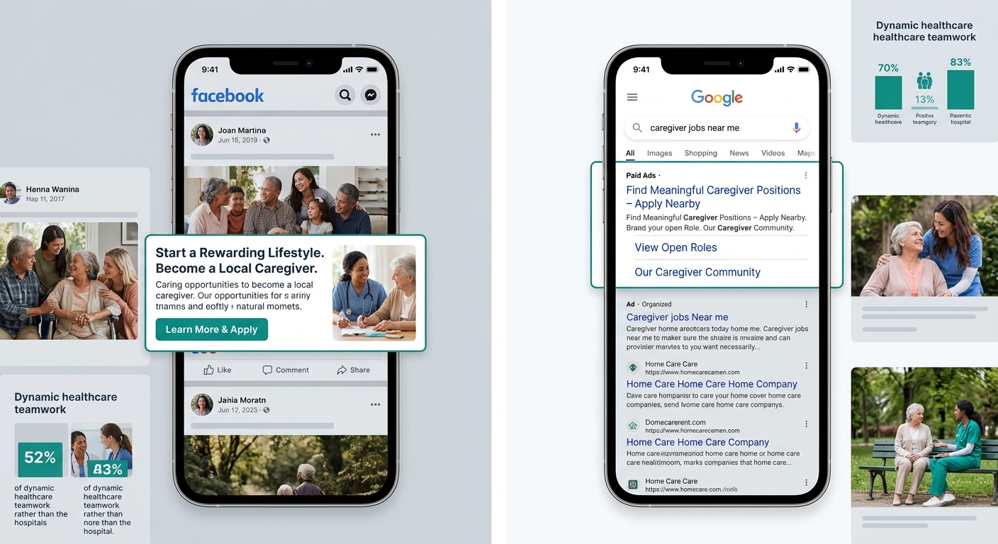 A side-by-side comparison showing two smartphone screens, one displaying a Facebook feed with a caregiver recruitment ad appearing between social posts, and another showing Google search results for c