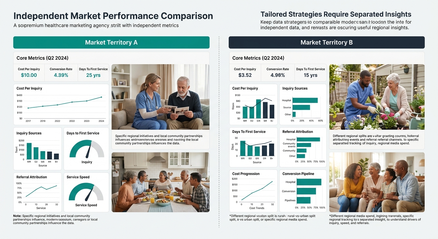 side-by-side dashboard mockup showing two separate market territories with independent metrics for cost per inquiry, conversion rate, days to first service, and referral attribution, visually demonstr