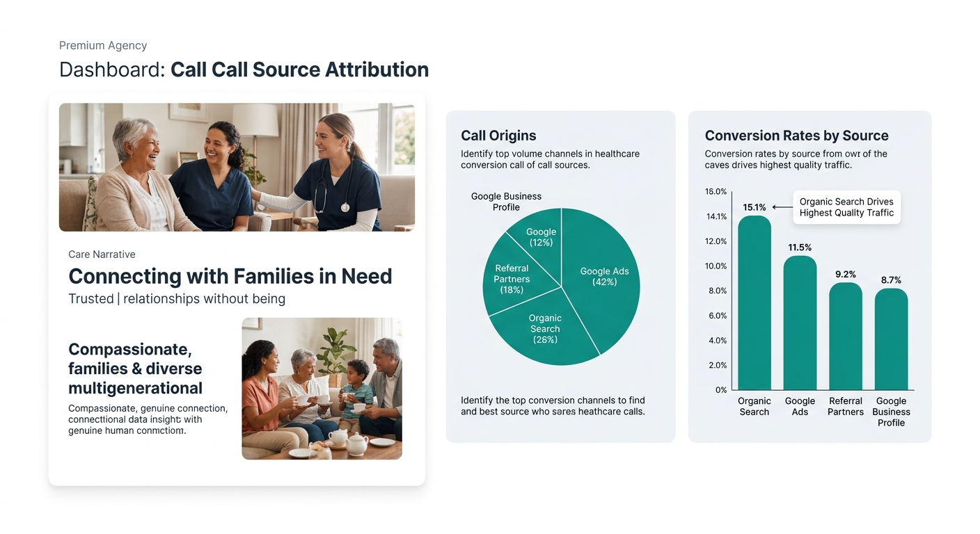 a dashboard visualization showing call source attribution with a pie chart of call origins broken into Google Ads, organic search, referral partners, and Google Business Profile alongside a bar chart