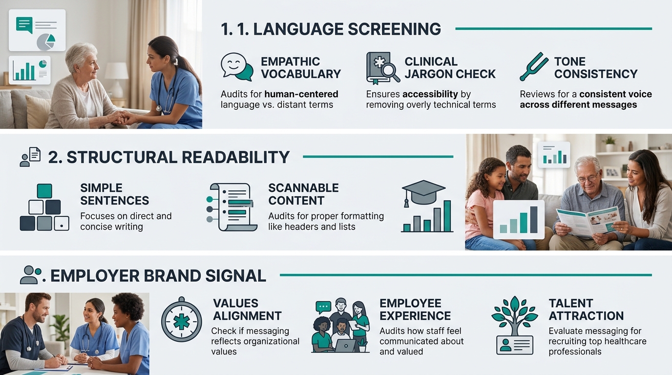 Infographic showing the Three-Layer Messaging Audit framework with three horizontal tiers—Language Screening, Structural Readability, and Employer Brand Signal—each listing 3-4 specific audit checkpoi