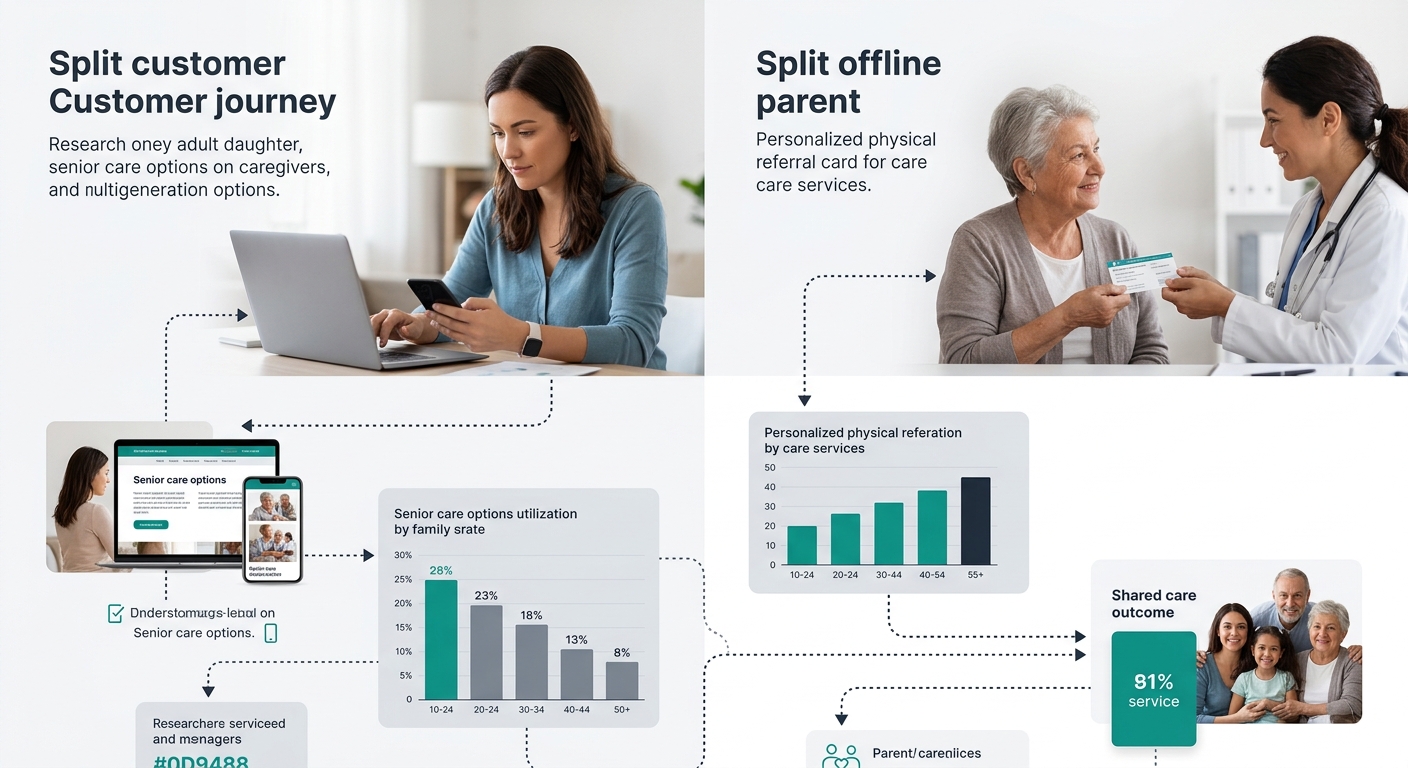 illustration of a split customer journey showing an adult daughter researching on laptop and phone alongside an elderly parent receiving a referral card from a doctor, with dotted lines connecting the