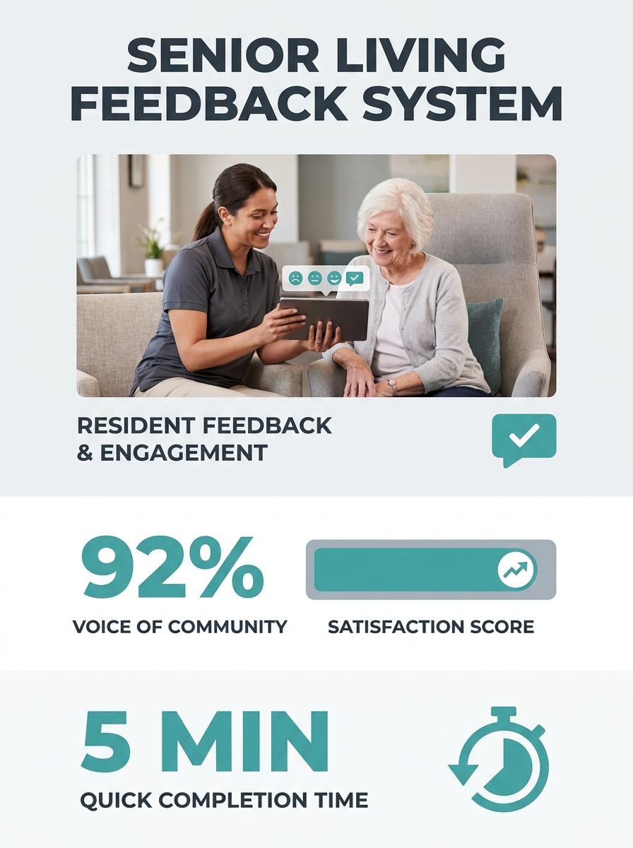 Senior living staff member reviewing tablet feedback system with resident in community common area