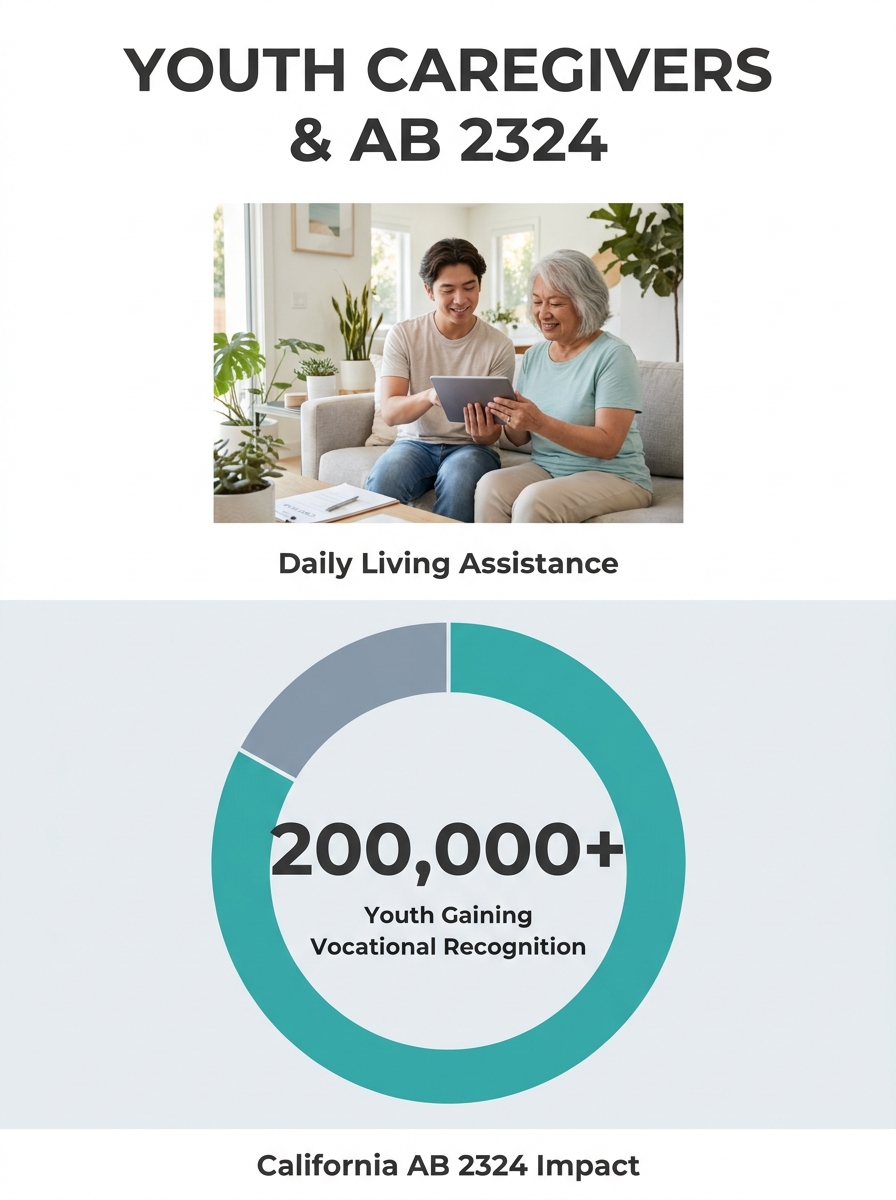 Young caregiver assisting elderly family member with daily living activities in California home, representing hundreds of thousands of youth who will gain vocational recognition under AB 2324