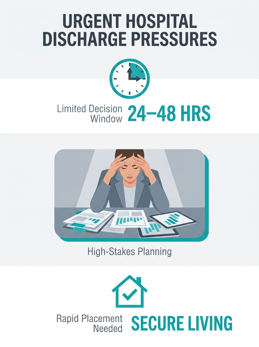 Hospital discharge planner reviewing patient charts at desk with urgency, representing time-compressed senior living placement decisions during medical emergencies