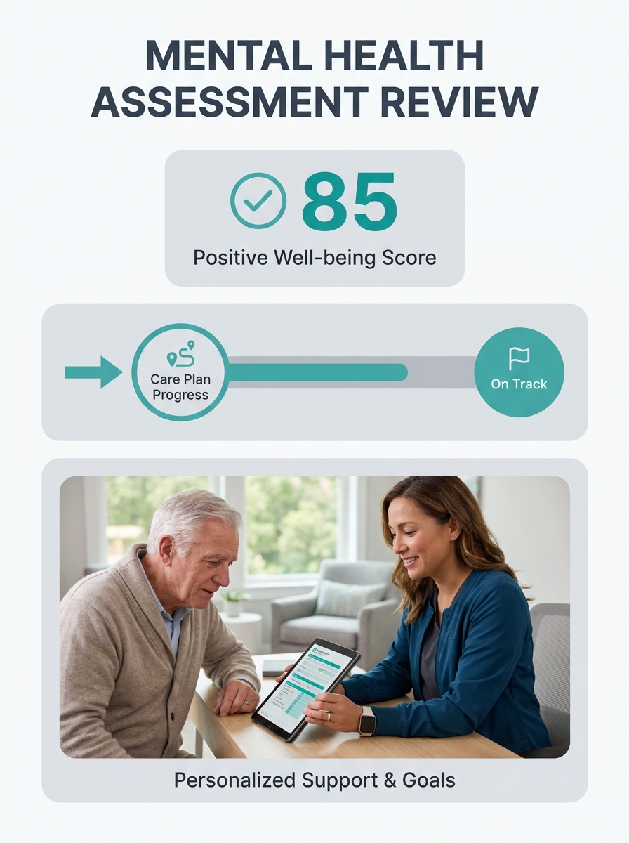 Healthcare professional reviewing mental health assessment with senior resident in modern assisted living clinical office