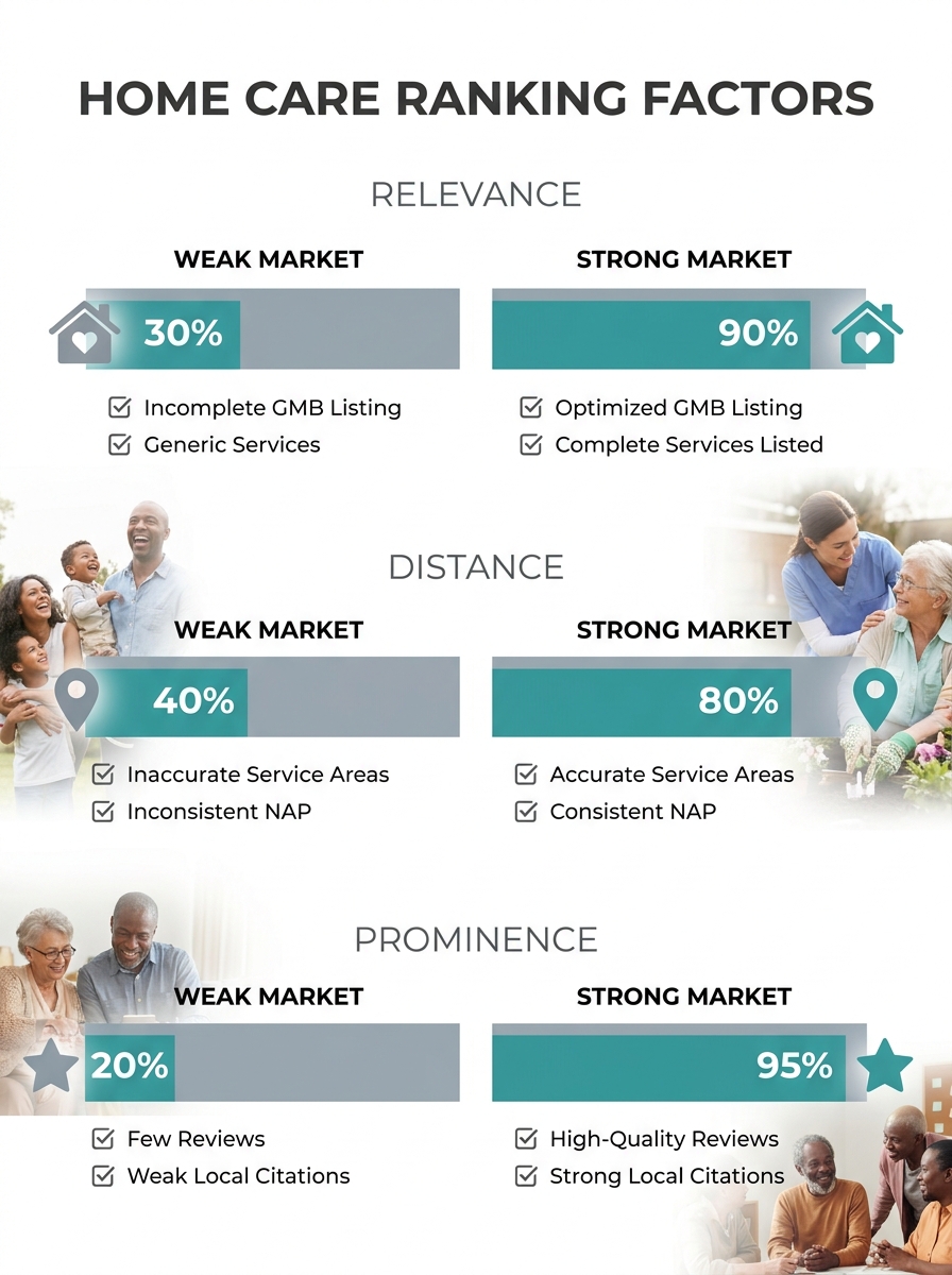 infographic showing the three Google local ranking factors (relevance, distance, prominence) with specific checklist items under each factor for a home care agency, comparing a strong-performing marke