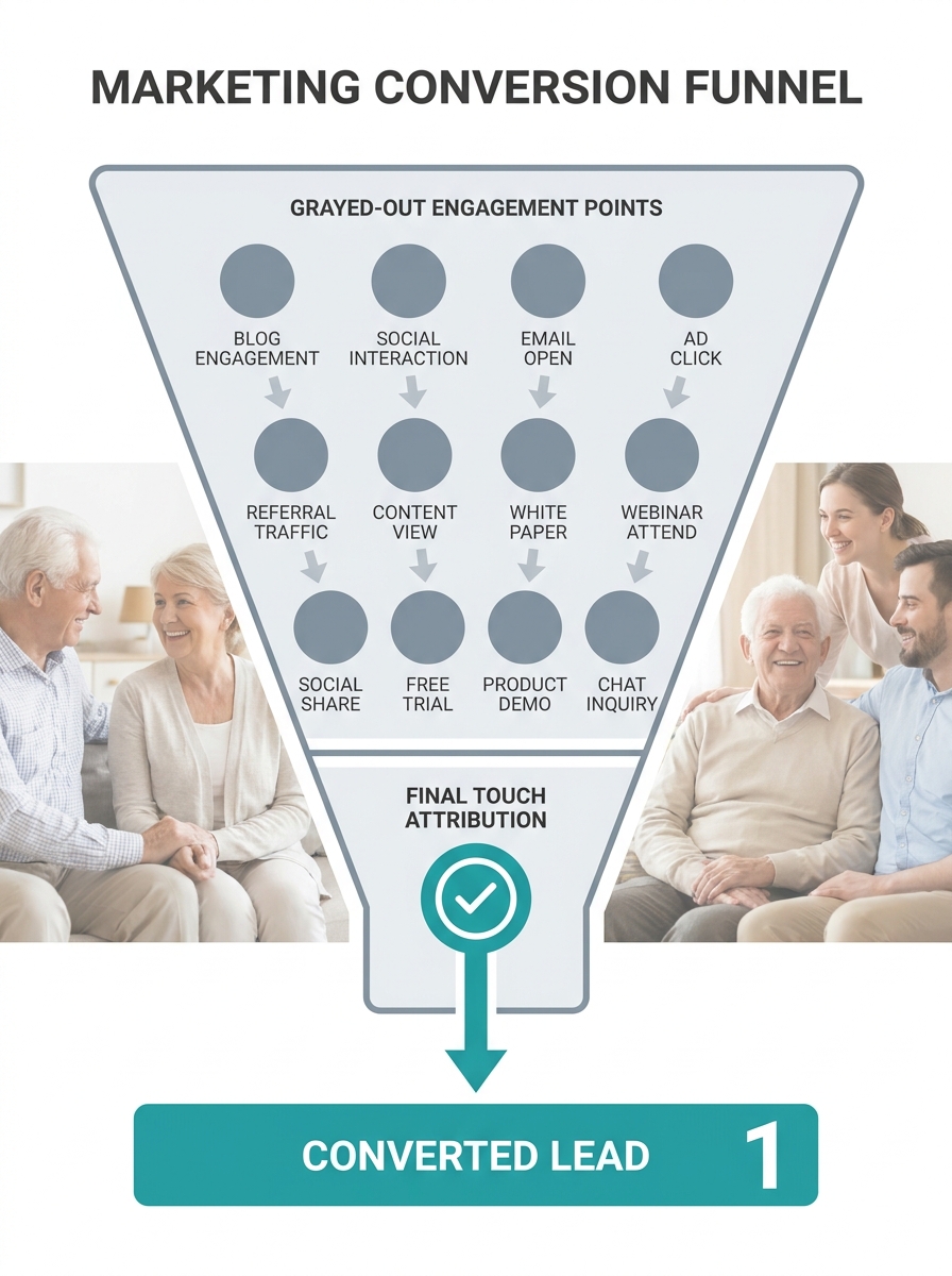 infographic showing a funnel with 13 touchpoints across channels like blog, social, email, Google Ads, and referral, with last-touch attribution highlighting only the final touchpoint while the other