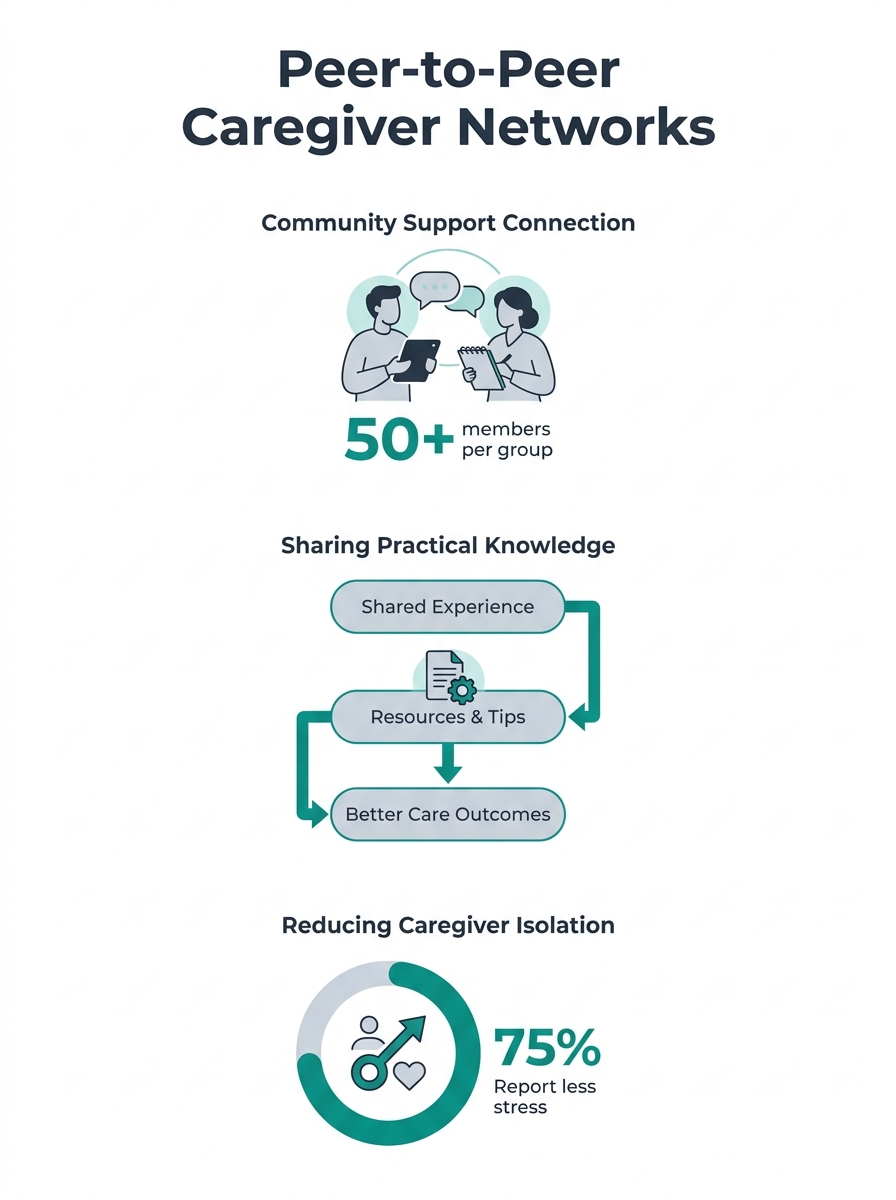 Two caregivers connecting at a community support meeting, illustrating peer-to-peer caregiver networks