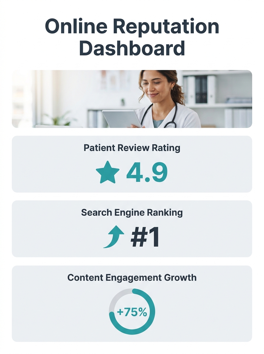 Healthcare professional reviewing online reputation dashboard showing patient reviews, search rankings, and content performance metrics