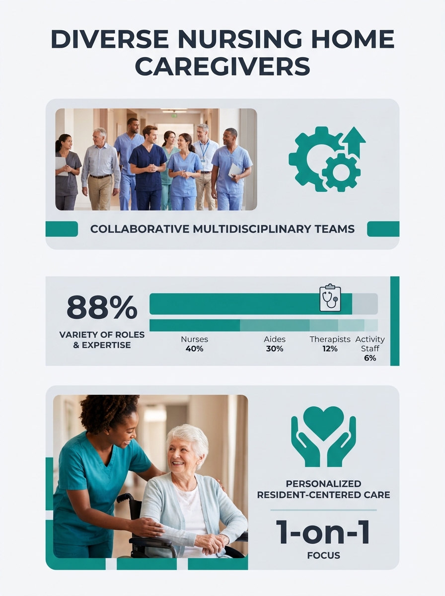 Nursing home staff members working together in a hallway, representing the diverse workforce caring for elderly residents