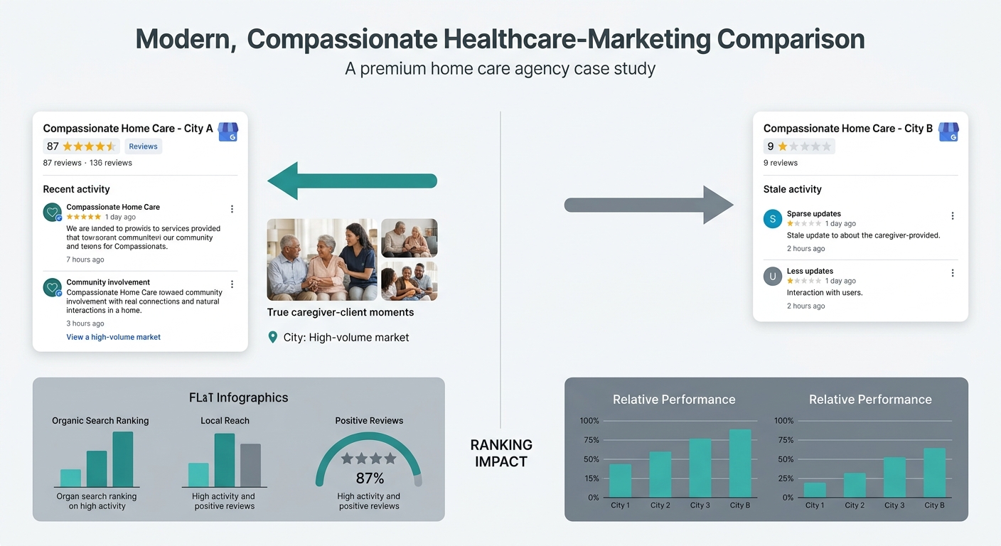 a comparison visualization showing two Google Business Profile cards side by side for the same home care agency in two different cities, one with 87 reviews and recent activity, the other with 9 revie