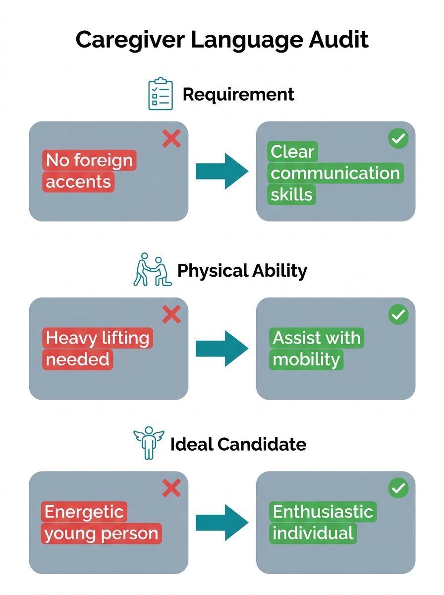 Side-by-side comparison of a caregiver job description before and after an inclusive language audit, with problem phrases highlighted in red on the left and improved alternatives highlighted in green 