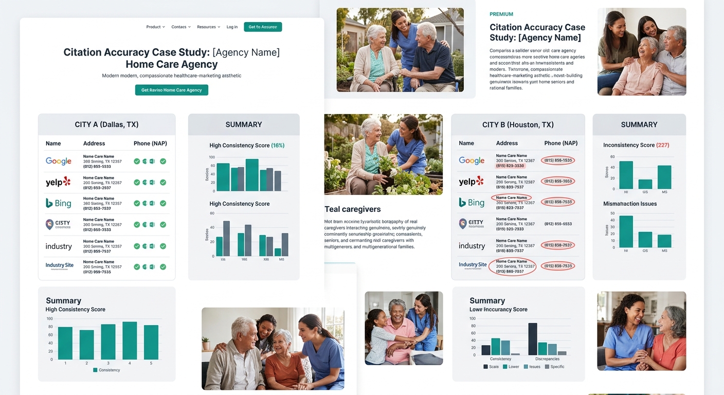 screenshot-style mockup comparing two citation audit results for the same home care agency across two cities, one showing consistent NAP data with green checkmarks and the other showing mismatches hig