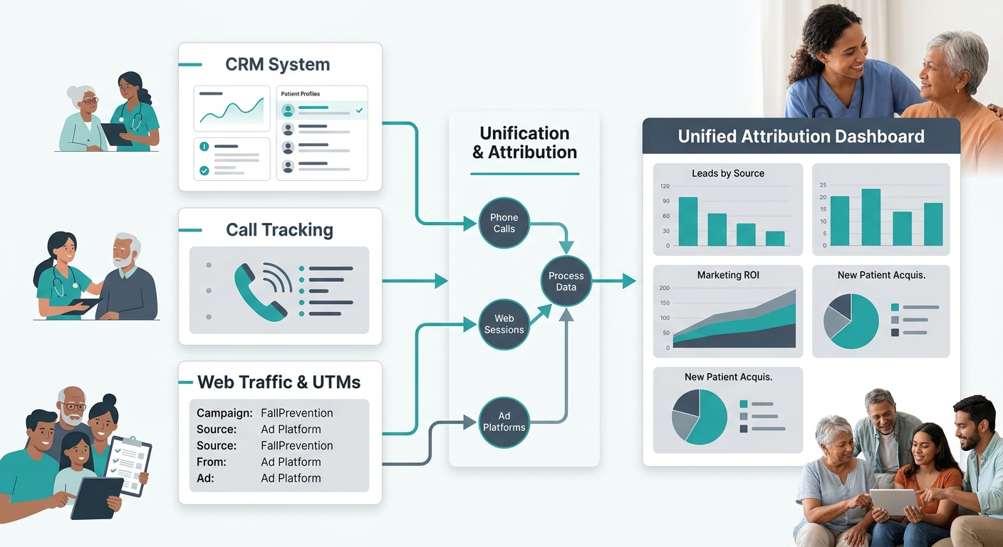 diagram showing three data integration points connecting CRM, call tracking, and UTM parameters into a unified attribution dashboard with arrows flowing between phone calls, web sessions, and ad platf