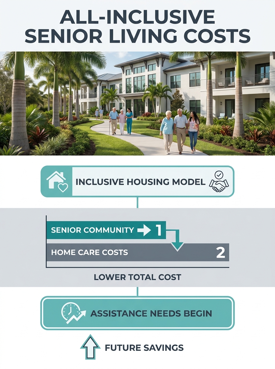 Florida senior living community exterior with palm trees and walking paths, showing the all-inclusive housing model that costs less than home care once assistance needs begin