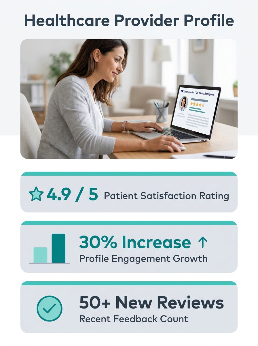 Healthcare provider reviewing online profile on laptop with Healthgrades interface visible on screen