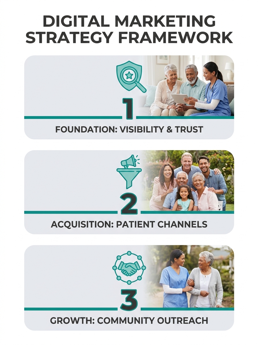 Digital marketing strategy framework document showing six tactical pillars for home health care patient inquiry generation