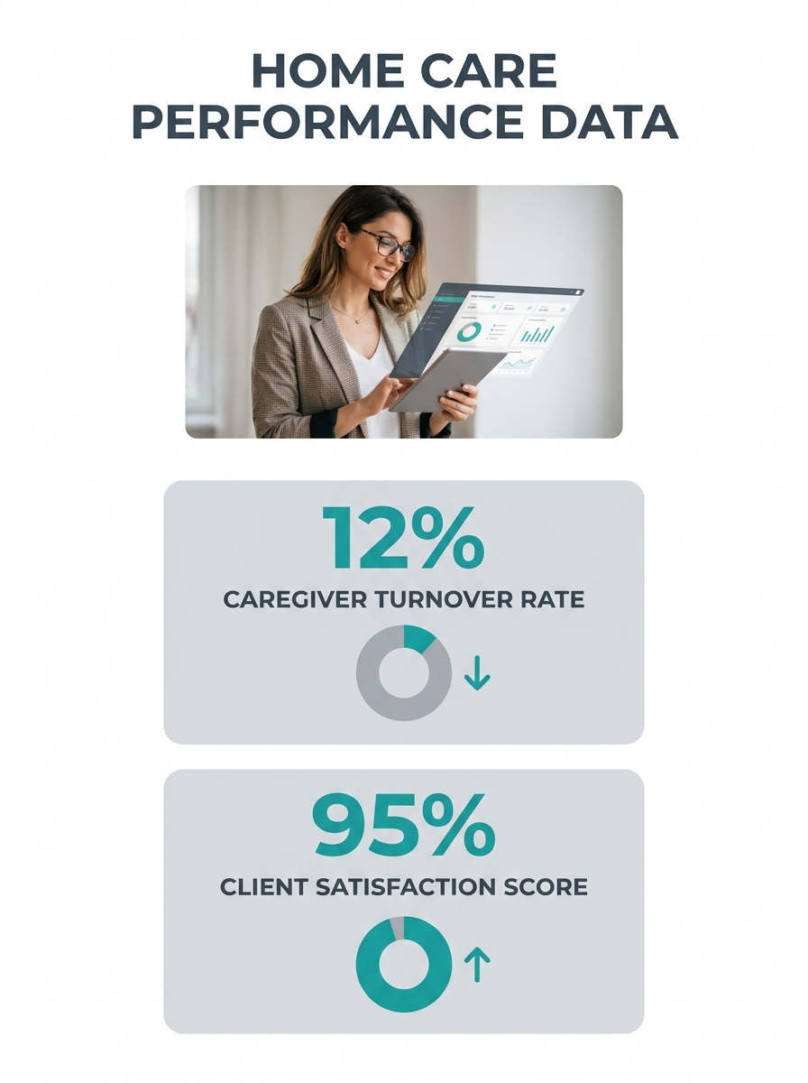 Home care agency administrator reviewing data dashboard showing caregiver turnover rates and client satisfaction scores side by side