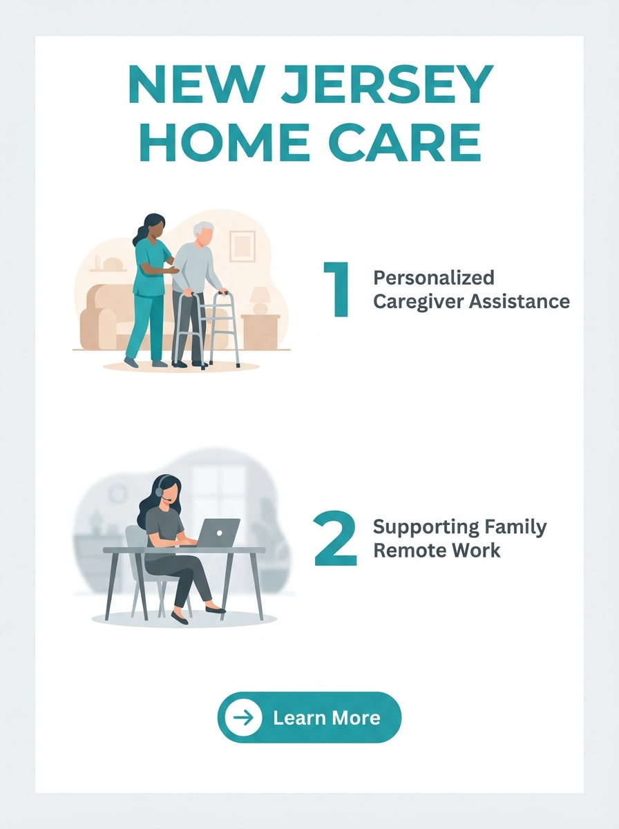New Jersey caregiver assisting senior client in home setting while family member works remotely in background