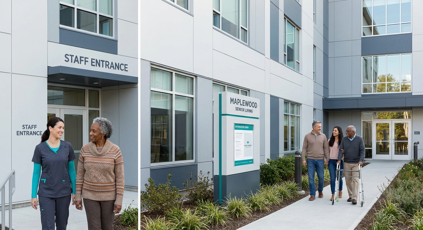 Massachusetts senior living facility exterior with staff entrance