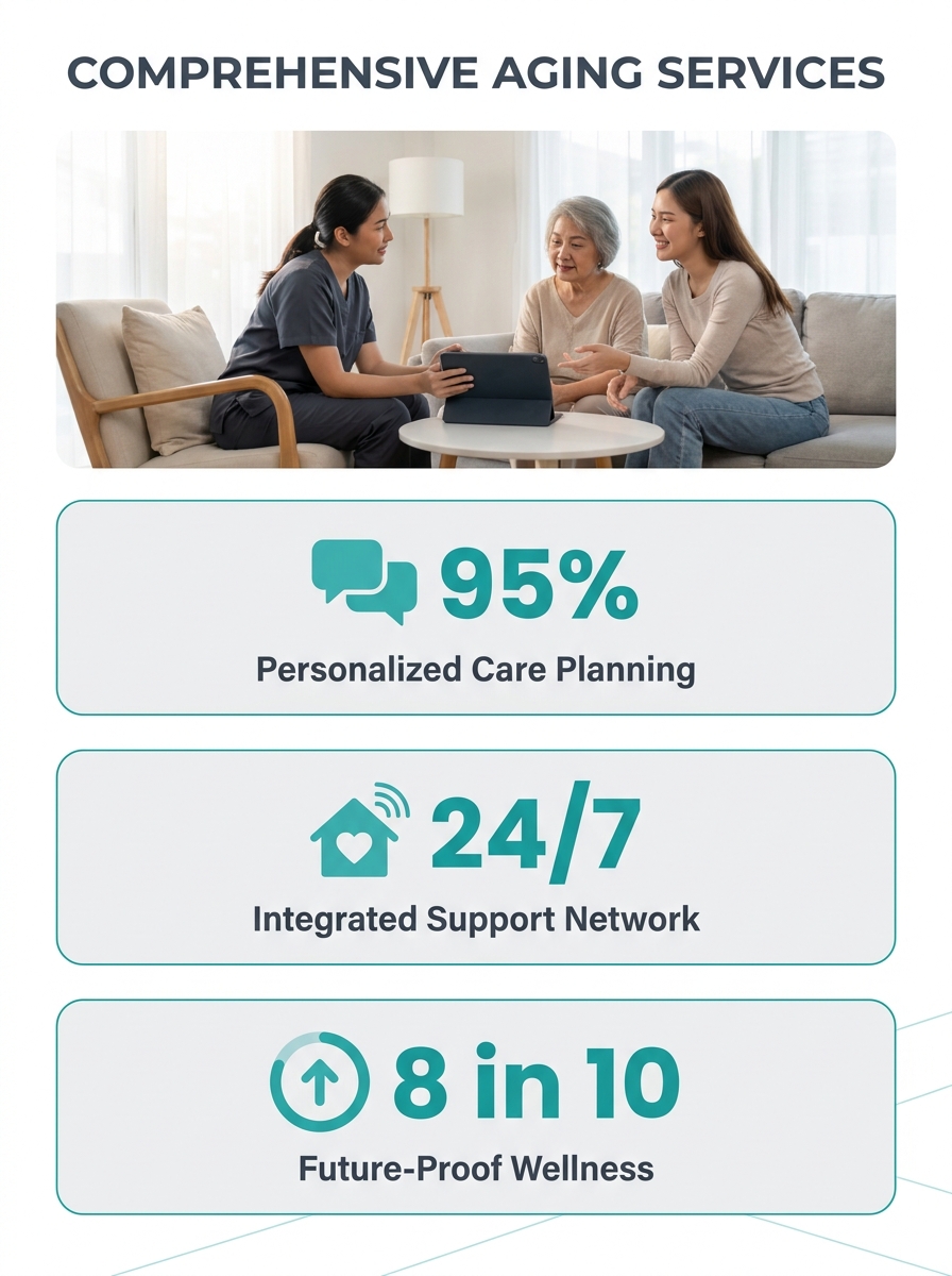 Home care professional meeting with senior and family member to discuss comprehensive aging services