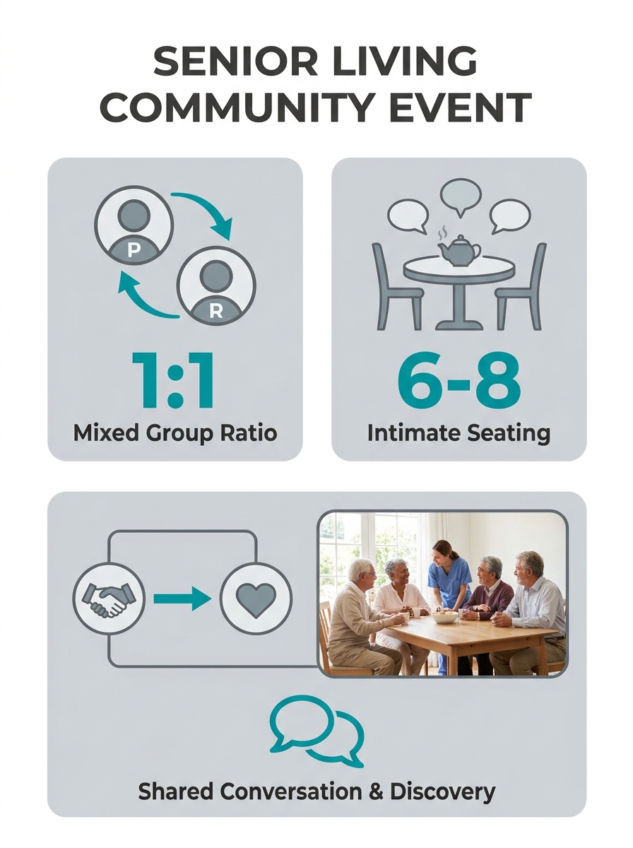 Senior living community hosting small group event with prospects and residents seated at dining table