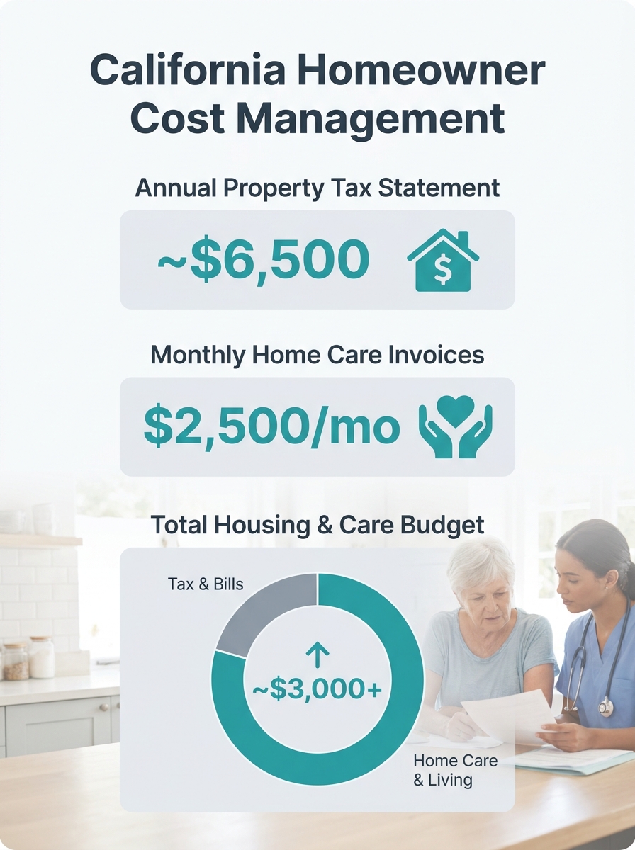 California homeowner reviewing property tax statement and home care invoices at kitchen table, calculator and bills spread across surface