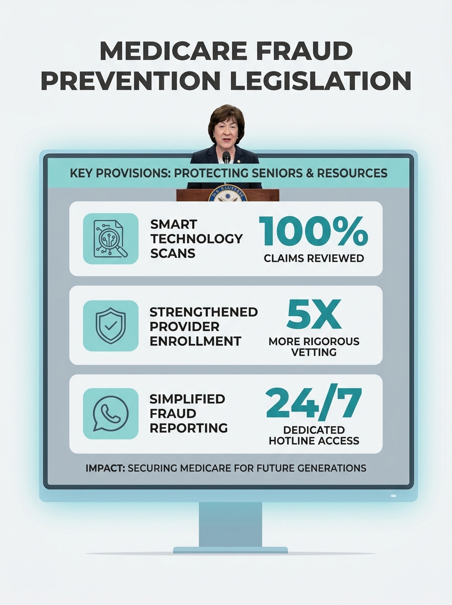 Senator Collins speaking at podium with Medicare home health fraud prevention legislation text displayed on screen behind her