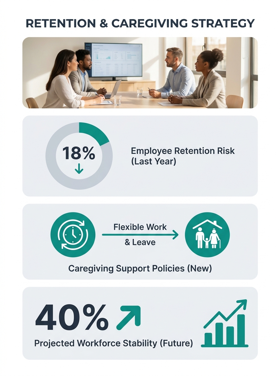 Healthcare managers reviewing employee retention data and caregiving support policies in office conference room