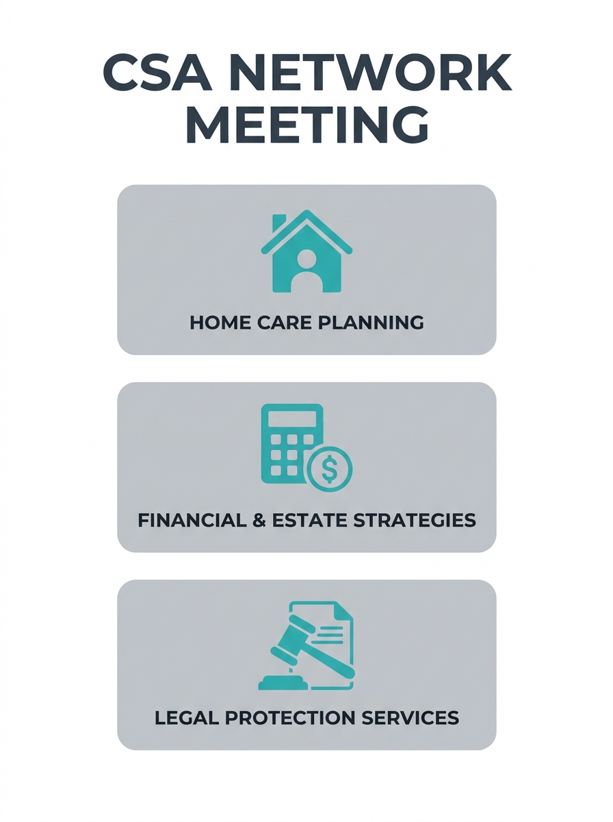 Professional network meeting of Certified Senior Advisors from multiple disciplines including home care, financial planning, and legal services