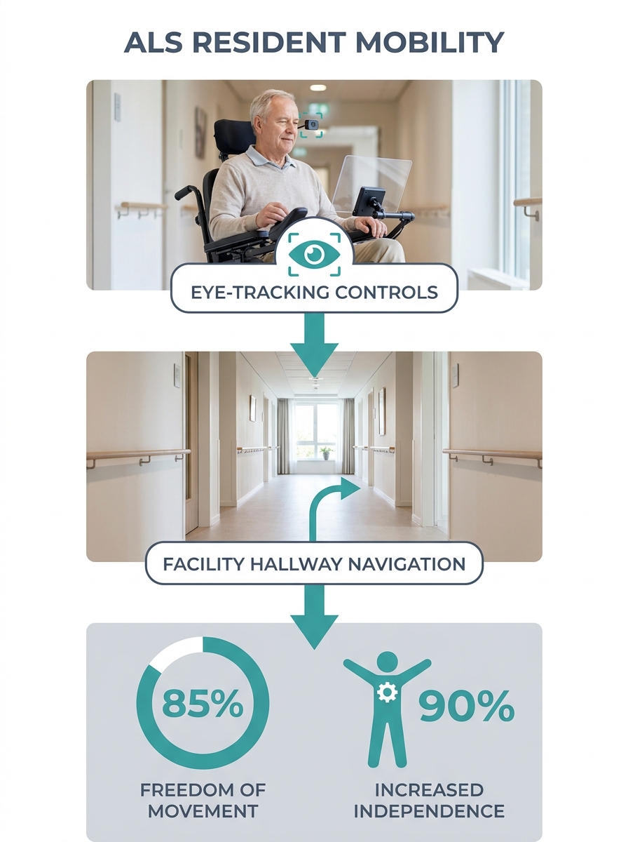 ALS resident in wheelchair navigating facility hallway using eye-tracking controls mounted on wheelchair