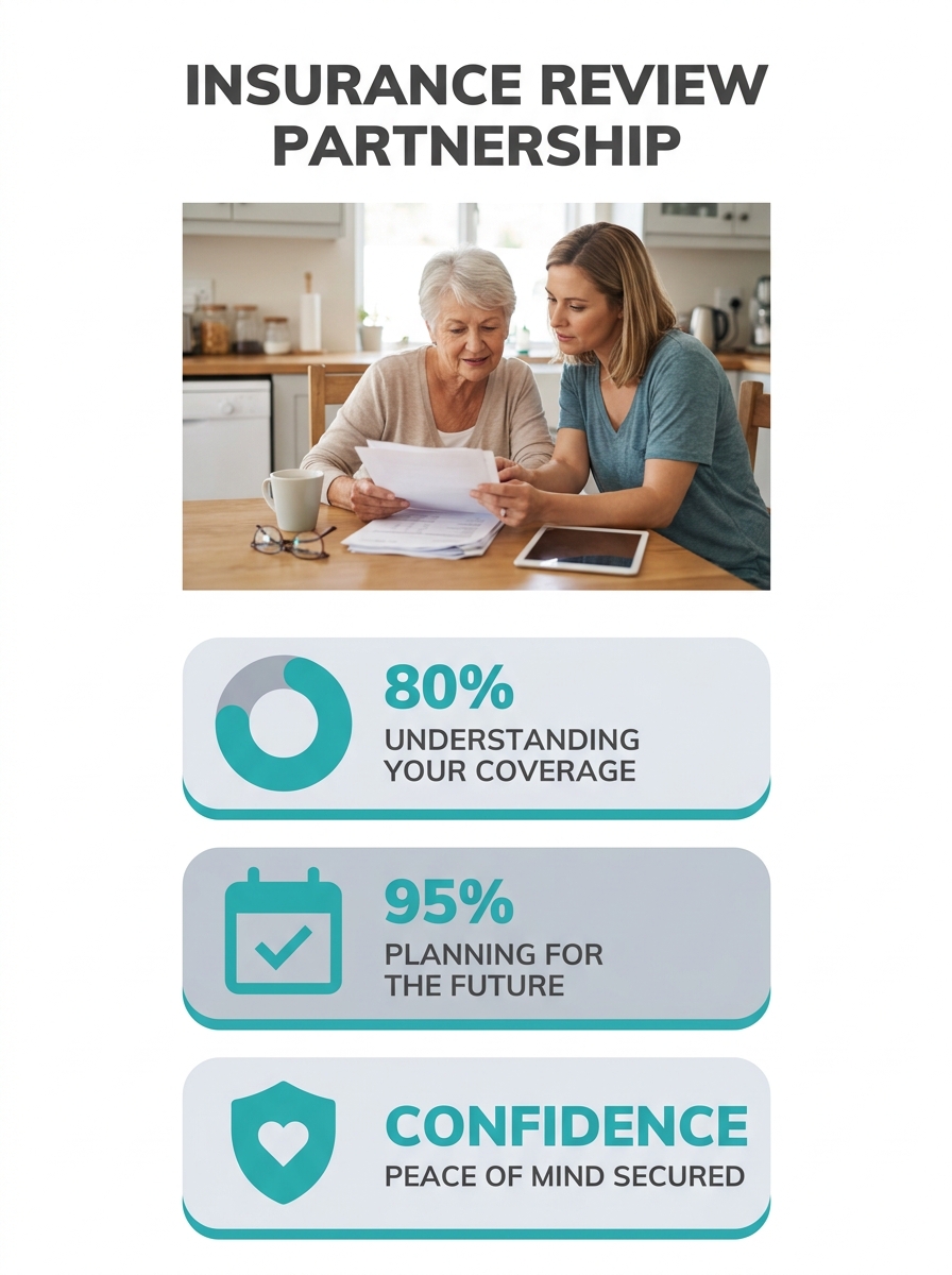 Senior reviewing insurance documents with family member at kitchen table