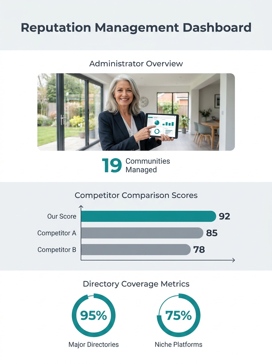 Senior living administrator reviewing reputation management dashboard showing competitor comparison scores and directory coverage metrics