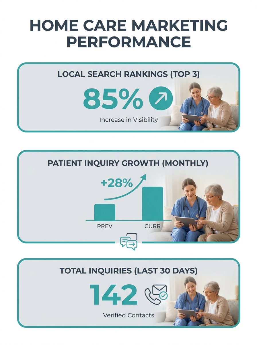 Home health care professional reviewing digital marketing dashboard showing local search rankings and patient inquiry metrics