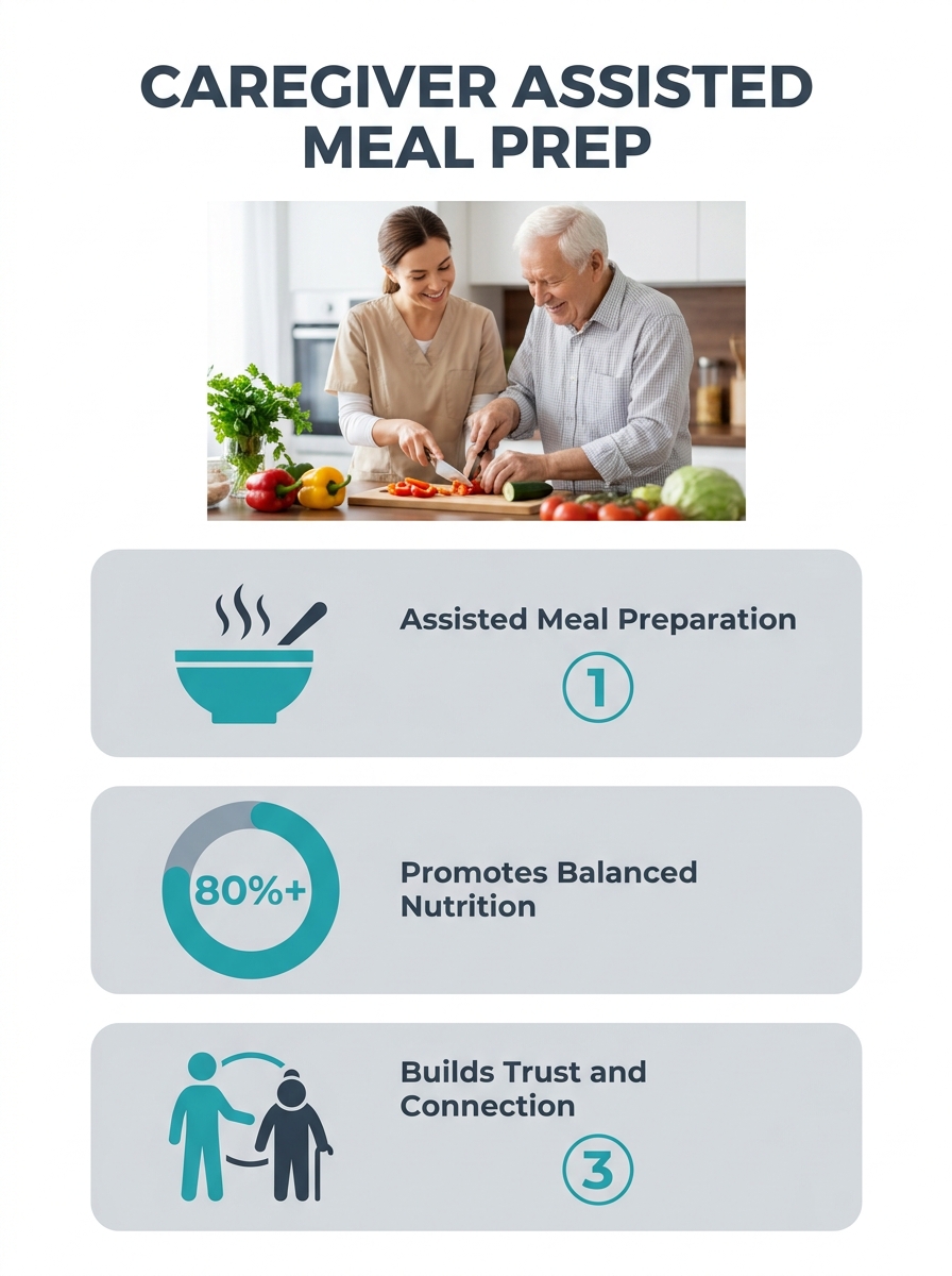 caregiver assisting senior client with meal preparation in home kitchen setting