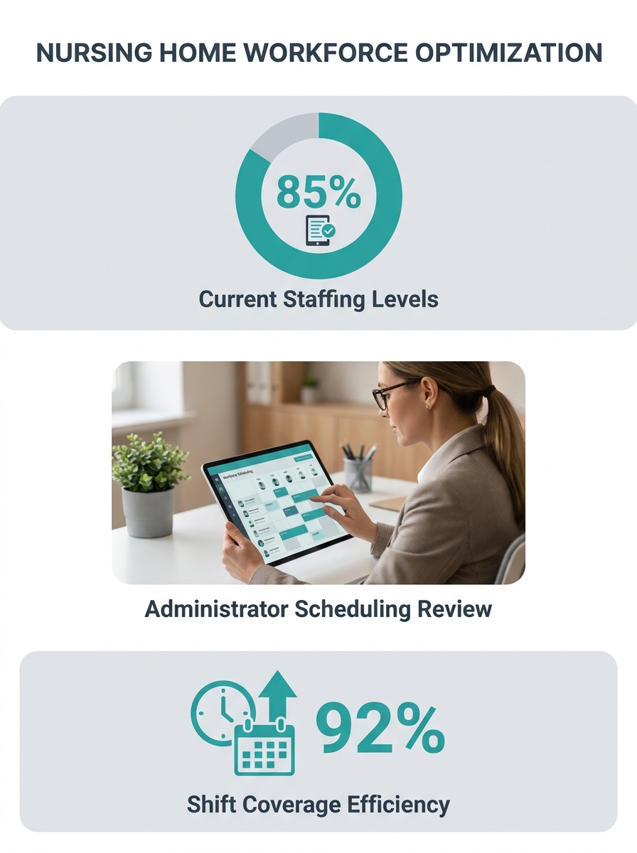 Nursing home administrator reviewing workforce scheduling platform on tablet in facility office