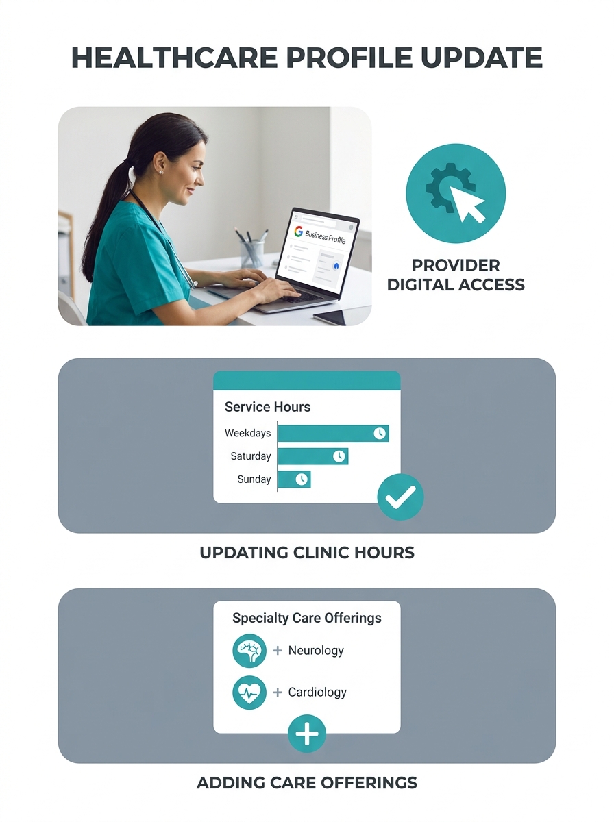 Healthcare provider updating Google Business Profile information on laptop showing service hours and specialty care offerings