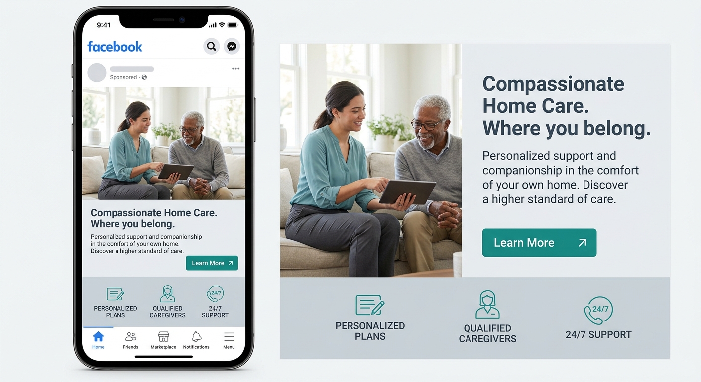 Mobile phone displaying Facebook ad featuring home care caregiver assisting senior client